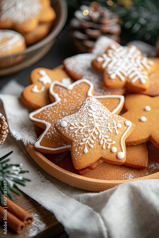 Festive gingerbread cookies with icing on wooden plate surrounded by holiday decor Festive gingerbread cookies with icing on wooden plate surrounded by holiday decor