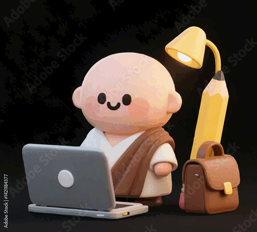 illustration of Little Monks in a Digital World of Fusion of Tradition and Technology