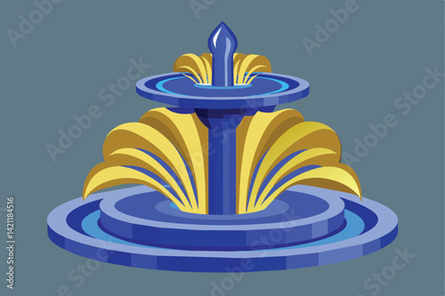 Vector illustration of a vibrant blue and gold decorative fountain with water cascading from upper tiers. Perfect for design and garden themes.