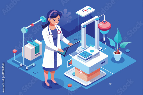Illustration of a female doctor interacting with advanced medical equipment in a modern healthcare environment, emphasizing technology in medicine.