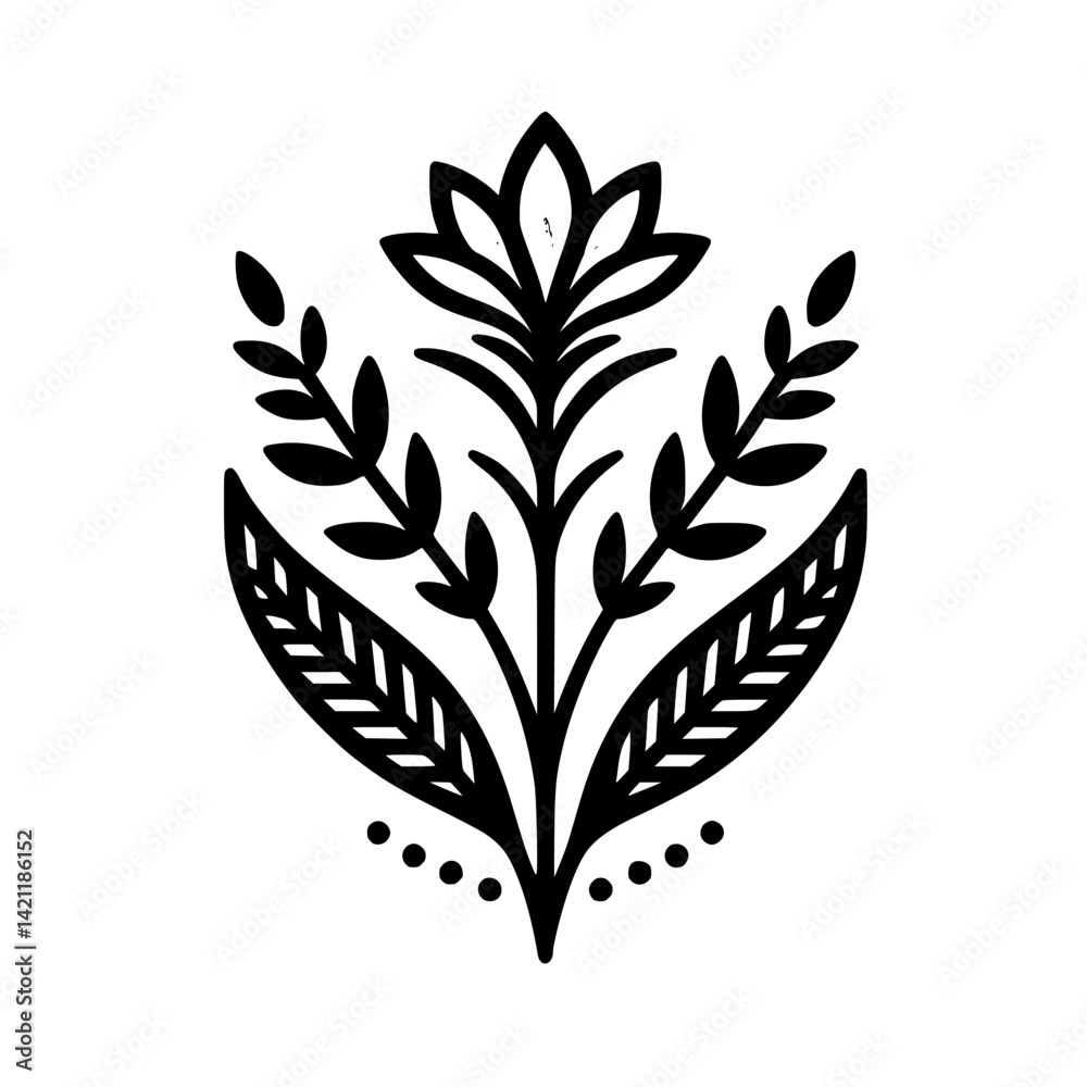 Fototapeta premium Black and White Floral Emblem: Minimalist Folk Art Illustration