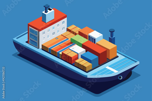 Detailed isometric illustration of a cargo ship loaded with colorful shipping containers, representing global trade and transportation. Perfect for logistics, commerce, and maritime industry themes.