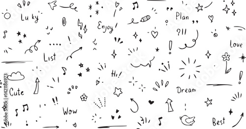 stock vector doodle cute glitter pen line element doodle heart arrow star sparkle decoration symbol set