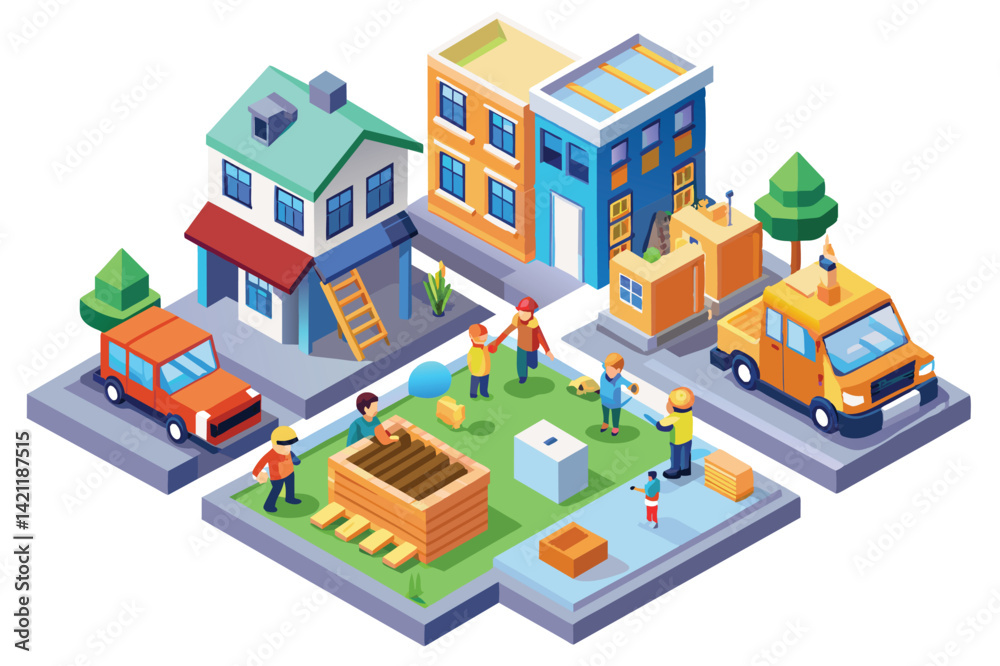 Colorful isometric illustration of a neighborhood with houses, people, cars, and construction work depicting community and development.