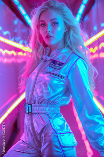 Vibrant portrait of blonde woman with modern hairstyle and confident smile, wearing minimalist fashion in an outdoor urban environment, captured in natural daylight to reflect style, charm, and femini