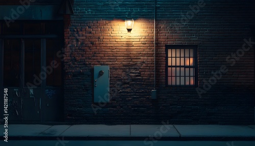 Dimly lit brick wall with closed door and glowing outdoor lantern at night