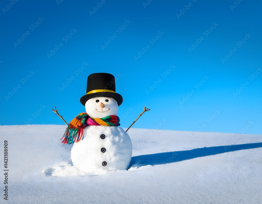 Fototapeta premium Snowman with a hat and scarf in a snowy landscape under a clear blue sky
