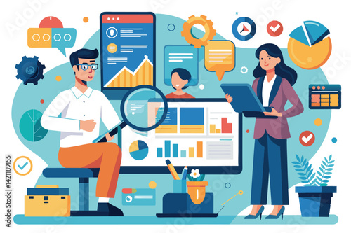 A team of professionals analyzing business data and charts on a computer. Concepts of teamwork, data analysis, and corporate growth are depicted in this illustration.