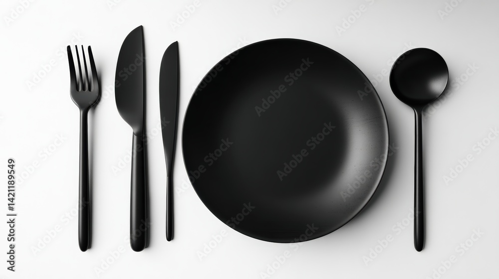Black plate with matching matte cutlery on white background, modern minimalist contrast Black plate with matching matte cutlery on white background, modern minimalist contrast