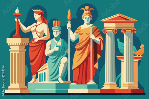 Vibrant digital illustration featuring ancient Greek gods and classical architecture, showcasing mythology and cultural heritage with bold colors and intricate details.