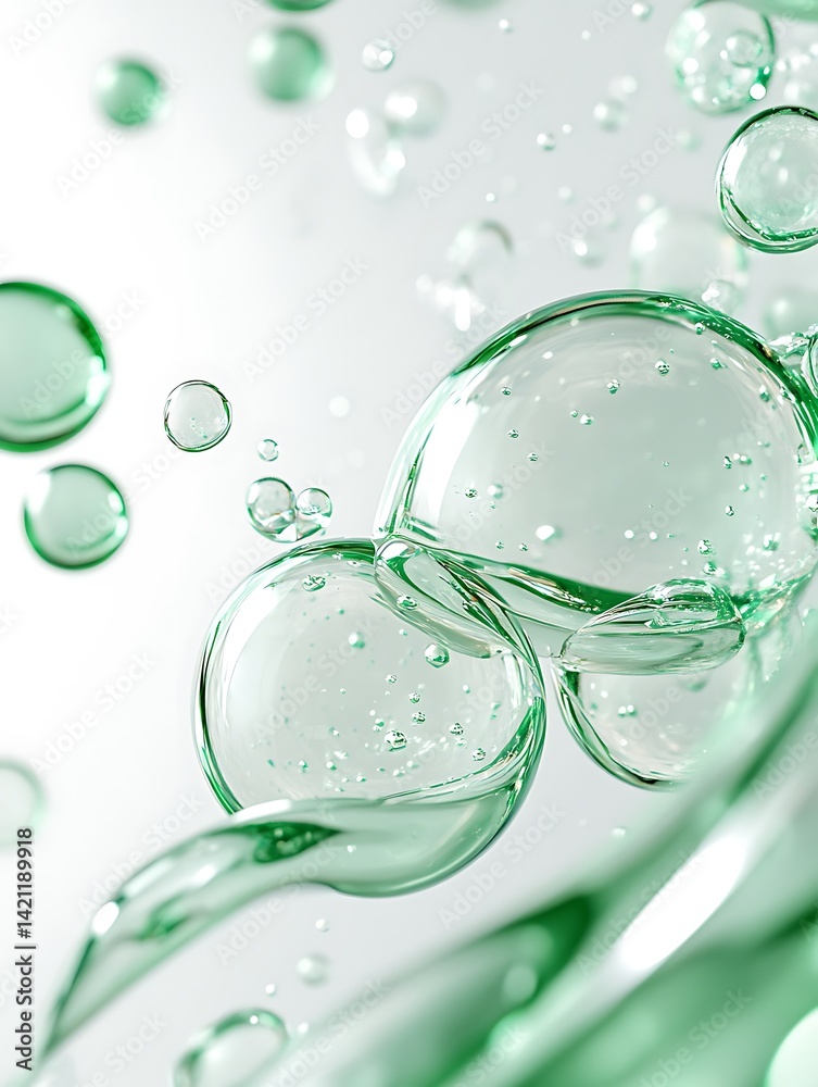 Transparent Green Bubbles Rising Against White Background with Liquid Water Texture