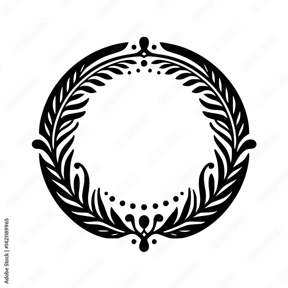 Fototapeta premium Elegant Circular Laurel Wreath Frame - Black & White, Minimalist Design