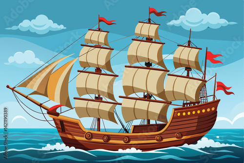 Illustration of a vintage sailboat with brown wooden hull and red flags, sailing across ocean waves against a blue sky.
