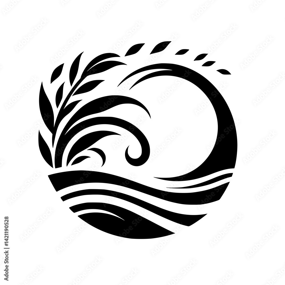 Stylized Wave & Leaf Logo: Black & White, Minimalist Design