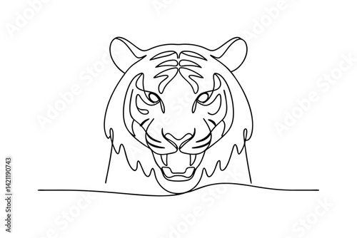 Roaring tiger head front view one line drawing silhouette graphic design concept for logo and branding