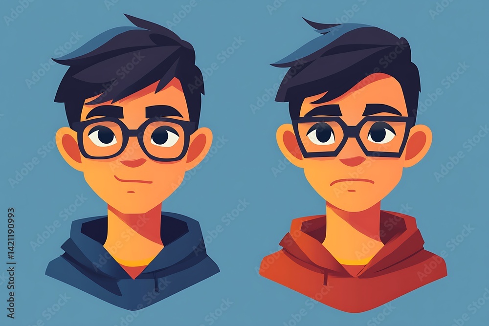 Two Pixel Art Portraits Of Young Man With Varying Facial Expressions and Background
