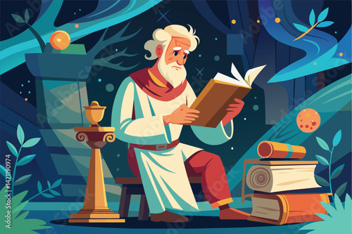 An elderly scholar immersed in reading sits in a mystical forest, surrounded by ancient books and magical elements, capturing the essence of wisdom and fantasy.