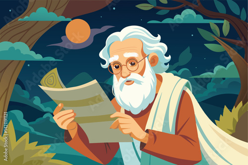 Illustration of an elderly philosopher deeply absorbed in reading a scroll under a serene, moonlit night sky, evoking wisdom and tranquility.
