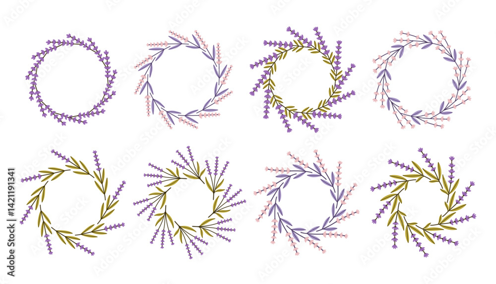 Lavender circle frame set. Floral circle frame. Hand drawn botanical round border, laurel, wreath with branches, leaves and flowers illustration for wedding invitation, card, logo
