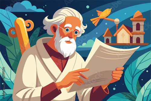 Illustration of an elderly man reading in a serene fantasy setting, surrounded by lush greenery and whimsical architecture. A bird adds a touch of tranquility.