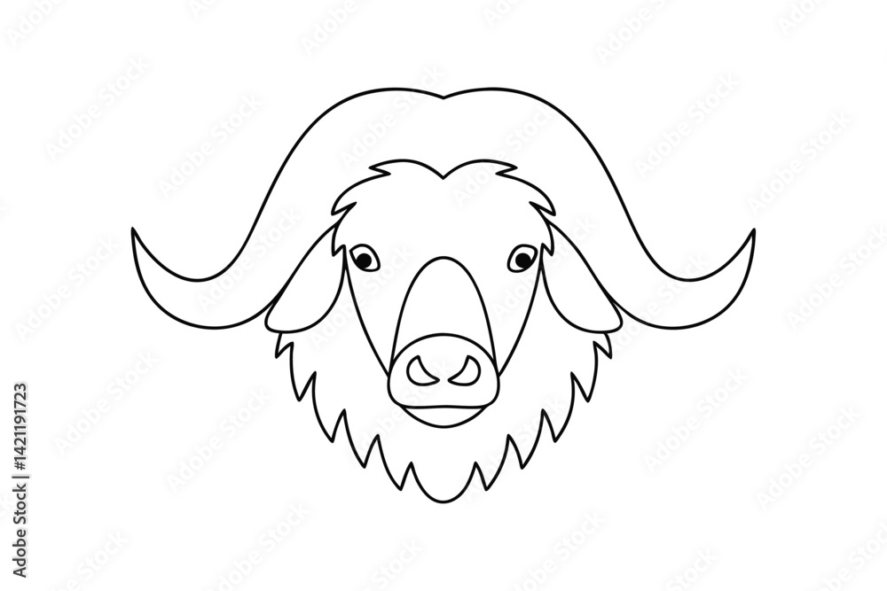 Simple linear buffalo head design with large horns ideal for childrens coloring books and educational resources Simple linear buffalo head design with large horns ideal for childrens coloring books and educational resources