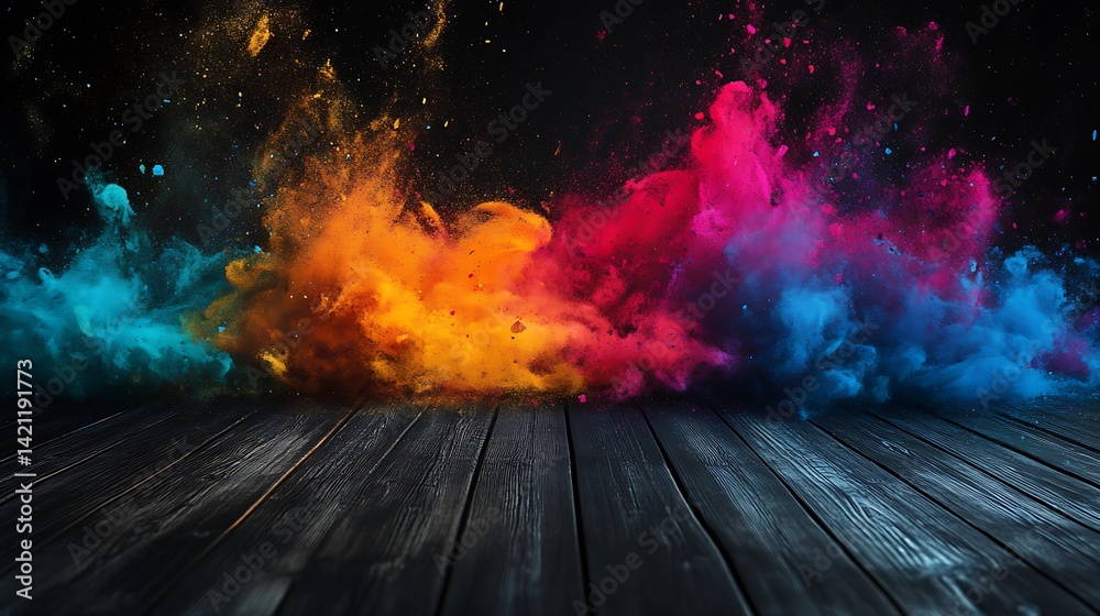 Vibrant Explosion Of Colorful Powdered Pigments Above Dark Wooden Surface