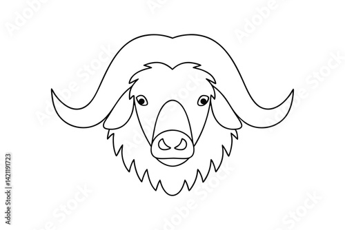 Simple linear buffalo head design with large horns ideal for childrens coloring books and educational resources