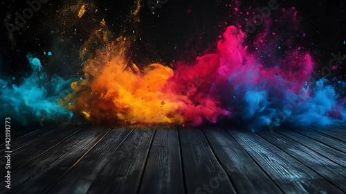 Obraz na płótnie Vibrant Explosion Of Colorful Powdered Pigments Above Dark Wooden Surface w salonie