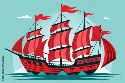 Illustration of a classic pirate ship with bold red sails set against a calm ocean backdrop, evoking adventure and exploration