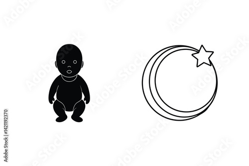Baby Silhouette With Crescent Moon And Star Line Art Graphic Elements