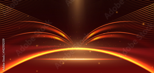 Abstract elegant red curved ray with gold lighting effect sparkle on dark red background.