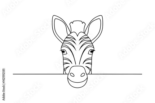 Cartoon zebra head outline illustration peeking over a ledge simple minimalist design for coloring books and childrens content