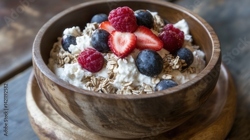 Healthy breakfast bowl with yogurt, granola, and fresh berries photo