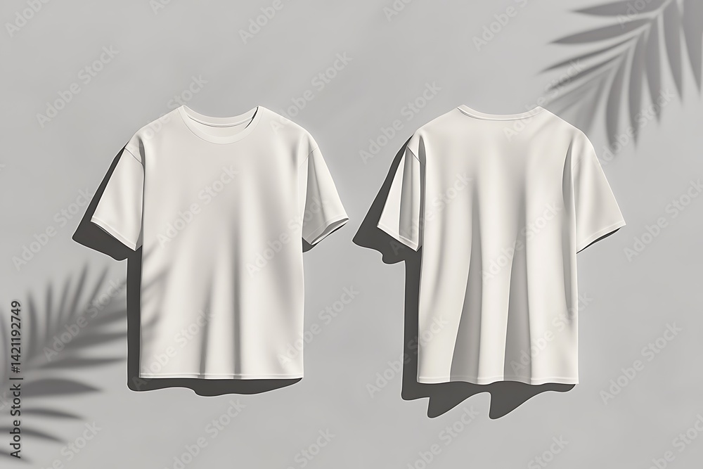 White Tshirts Front And Back Displayed With Palm Leaf Shadows On Gray Background