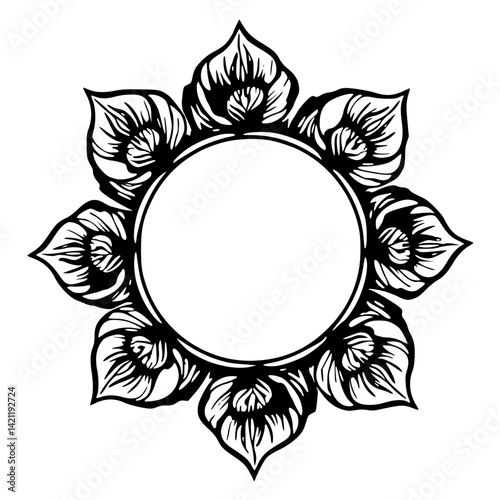 Floral Circle Frame in Black and White, Elegant Design Element