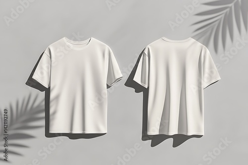 Obraz na płótnie White Tshirts Front And Back Displayed With Palm Leaf Shadows On Gray Background w salonie