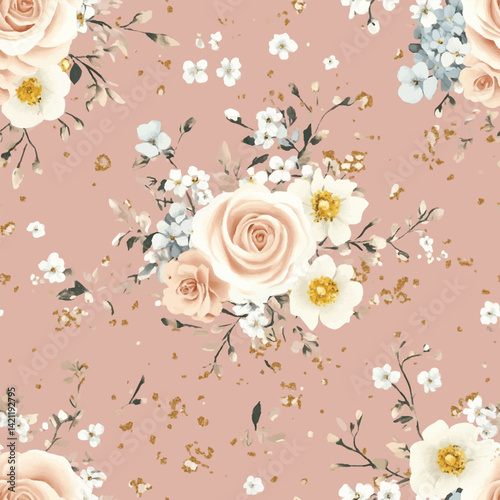 Dainty, small-scale roses and forget-me-nots with tiny gold details on a dusty pink background.Design for fashion,fabric,web,wallpaper,wrapping and all graphic type on light pink.