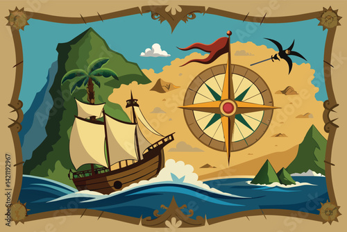 Illustration of a vintage-style pirate map featuring a compass, a ship navigating the ocean, and a tropical island.