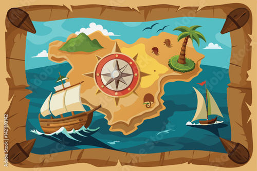 Illustrated treasure map featuring islands, palm trees, and sailing ships in a nautical adventure setting. Perfect for pirate themes and exploration concepts.