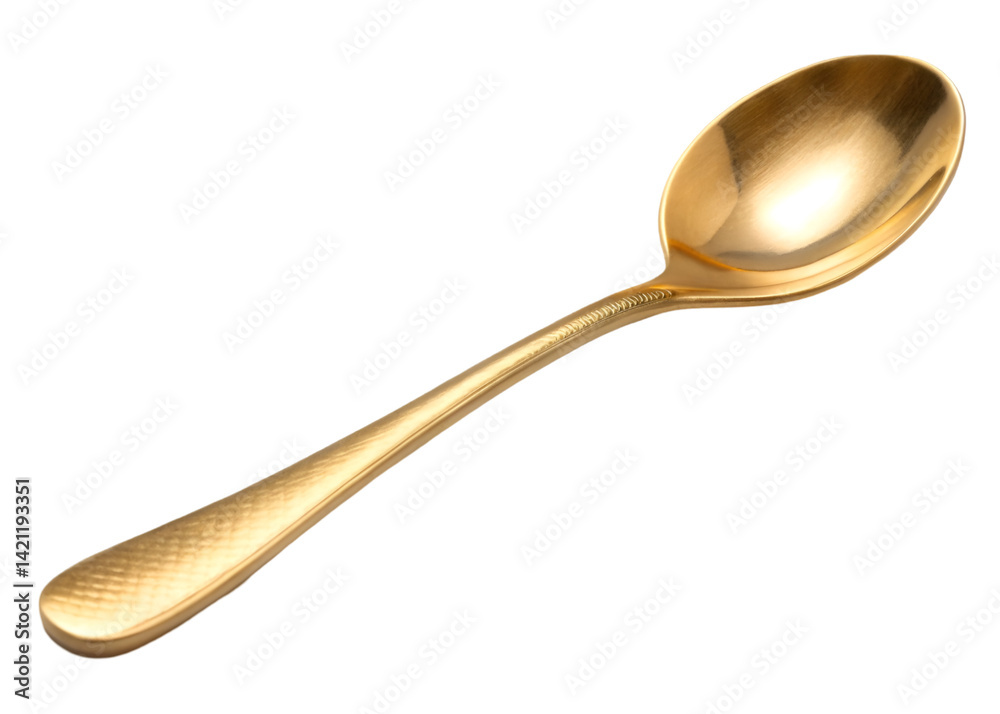 Minimalistic golden spoon with smooth matte metallic finish and elegant curves, luxury cutlery for upscale dining or kitchen decor, isolated on transparent background. Minimalistic golden spoon with smooth matte metallic finish and elegant curves, luxury cutlery for upscale dining or kitchen decor, isolated on transparent background.