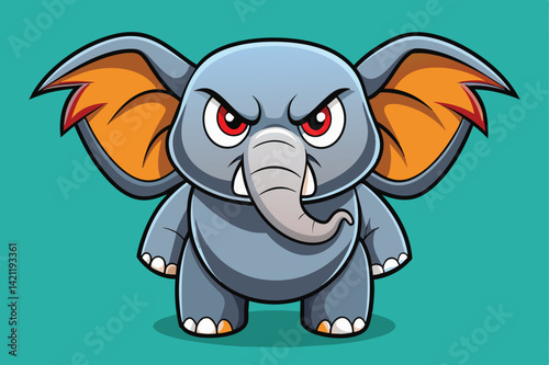 A cute cartoon elephant with a fierce expression, portrayed on a vibrant background. Perfect for children's media, comics, and playful design elements.