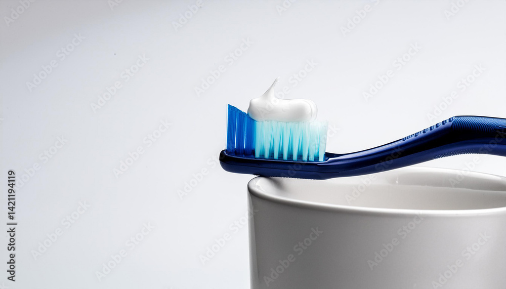 Toothbrush with white and blue bristles. Essential dental care oral hygiene. Wellness and healthcare