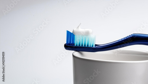 Obraz na płótnie Toothbrush with white and blue bristles. Essential dental care oral hygiene. Wellness and healthcare w salonie