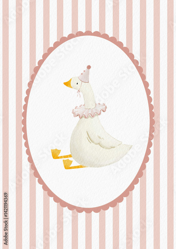 Cute goose illustration for a girl, featuring a festive hat and collar. This beige poster with an oval frame showcases a farm bird in a watercolor cottagecore style, perfect for kids' textile and