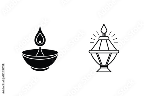 Diwali Lamp Oil Lamp And Lantern Icon Set Vector Illustration