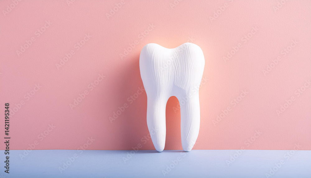 White tooth model on pink background. Dental care, oral hygiene, teeth health, dental treatment, clean smile, healthy teeth concept, professional dentistry