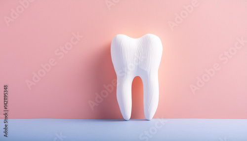 White tooth model on pink background. Dental care, oral hygiene, teeth health, dental treatment, clean smile, healthy teeth concept, professional dentistry