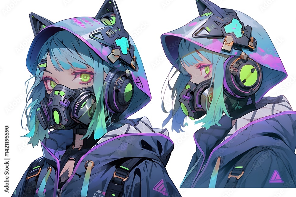 Young Woman in Cyberpunk Outfit with Mask and Neon Accents Digital Illustration
