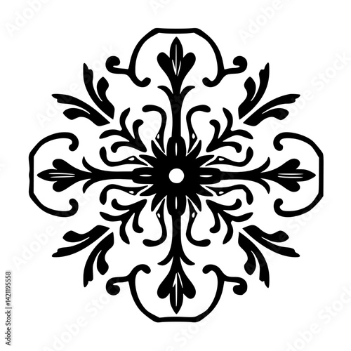 Black Floral Mandala Ornament on White Background