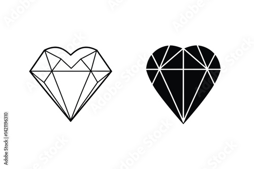 Heart Shaped Diamond Icons Geometric Design Outline Solid Black Silhouette Isolated